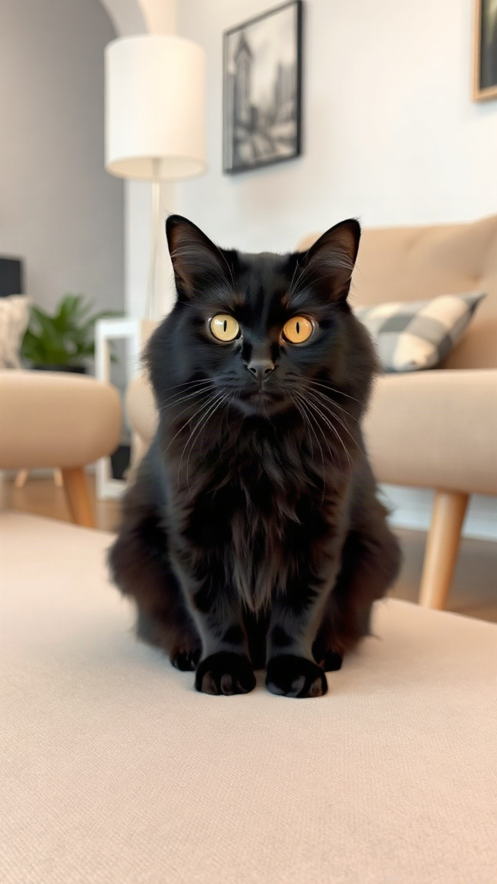Before: a black cat sitting on a sofa, then sitting up, grinning and clapping its paws